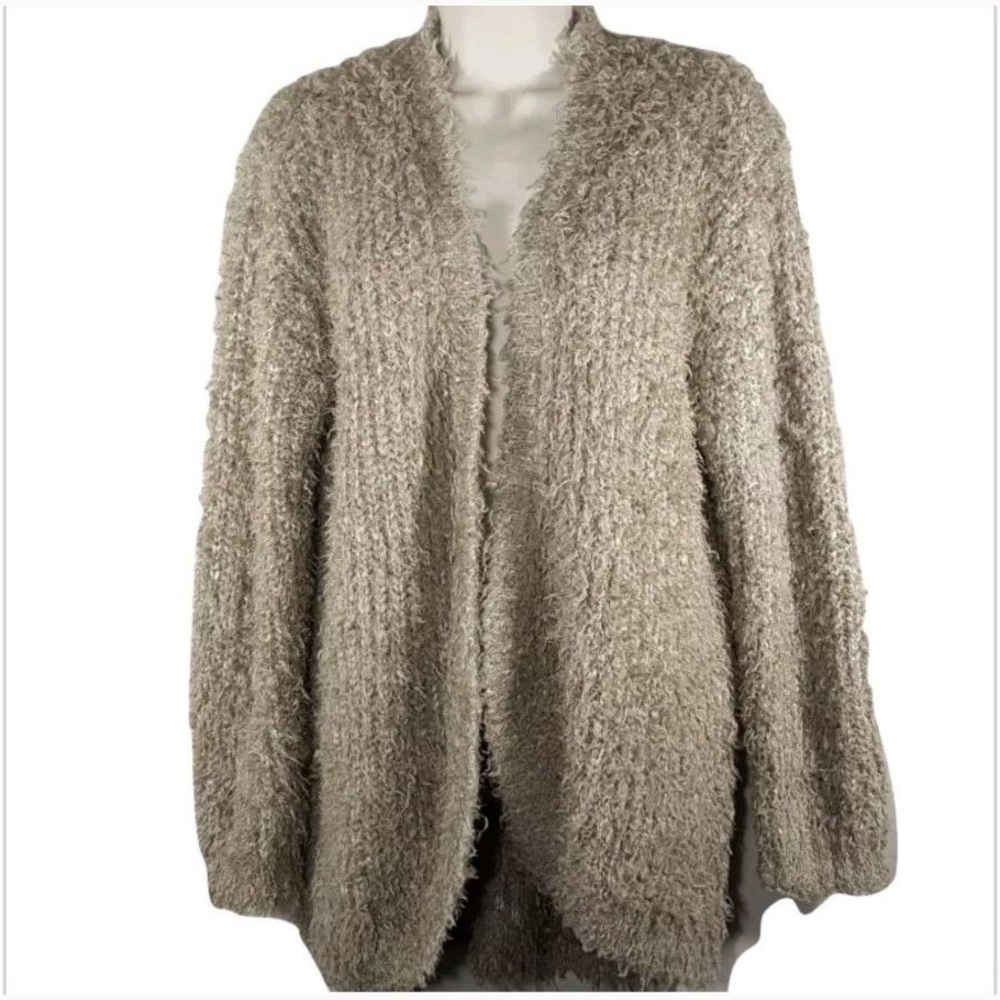 Kenzie Plush Fuzzy Cardigan Sweater Size XXL Taupe Grey Open Front Roomy Warm